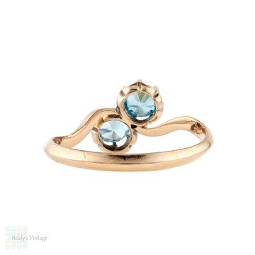 Vintage Blue Zircon Toi et Moi Ring, Art Deco 9ct 9k Gold Crossover Design Ring.