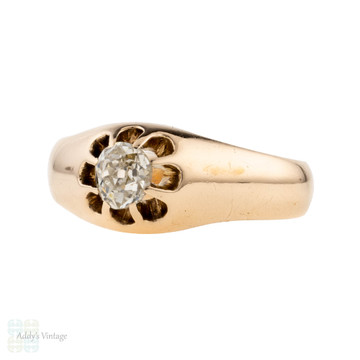 Antique 0.40 Old Mine Cut Diamond Gypsy Ring, 15ct 15k Gold Victorian Single Stone Ring.