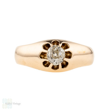 Antique 0.40 Old Mine Cut Diamond Gypsy Ring, 15ct 15k Gold Victorian Single Stone Ring.