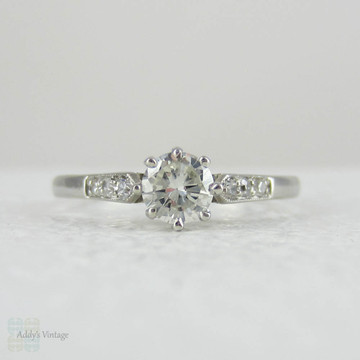 Vintage Platinum & Diamond Engagement Ring. Traditional Crown Setting Solitaire with Accent Diamonds.