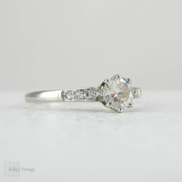 Vintage Platinum & Diamond Engagement Ring. Traditional Crown Setting Solitaire with Accent Diamonds.