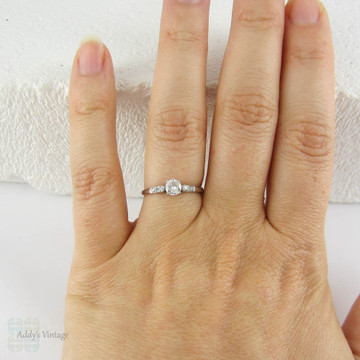 Vintage Platinum & Diamond Engagement Ring. Traditional Crown Setting Solitaire with Accent Diamonds.