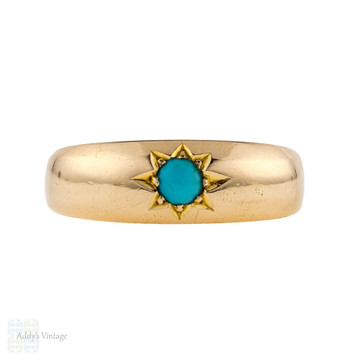Turquoise Single Stone Ring, Antique Gypsy Set Victorian 18k 18ct Yellow Gold Band.