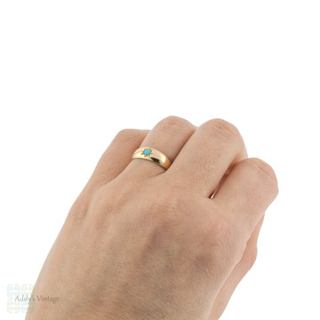 Turquoise Single Stone Ring, Antique Gypsy Set Victorian 18k 18ct Yellow Gold Band.