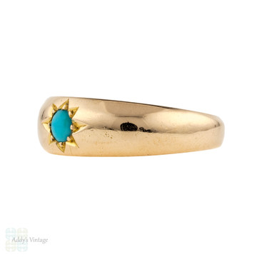 Turquoise Single Stone Ring, Antique Gypsy Set Victorian 18k 18ct Yellow Gold Band.