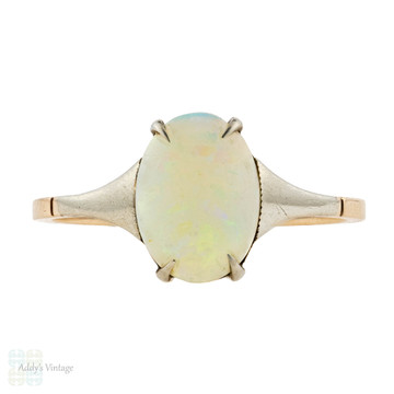 Antique Opal Single Stone Ring, Edwardian 9ct 9k Gold Oval Cut Opal Dress Ring.