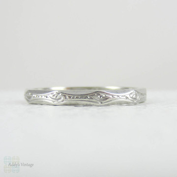 Vintage Engraved Platinum Wedding Ring. Scroll Flourish Engraving on a Faceted Platinum Band by Charles Green & Sons.