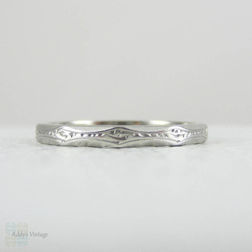 Vintage Engraved Platinum Wedding Ring. Scroll Flourish Engraving on a Faceted Platinum Band by Charles Green & Sons.