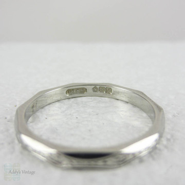 Vintage Engraved Platinum Wedding Ring. Scroll Flourish Engraving on a Faceted Platinum Band by Charles Green & Sons.