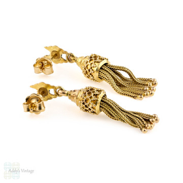 Victorian Tassel Earrings, 9ct 9k Yellow Gold Antique Dangle Earrings. 