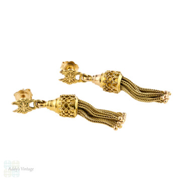 Victorian Tassel Earrings, 9ct 9k Yellow Gold Antique Dangle Earrings. 