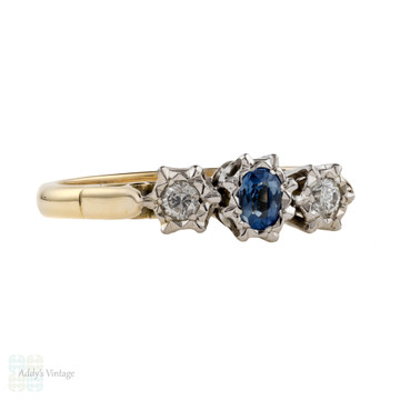 Sapphire & Diamond Engagement Ring, Vintage 3 Stone Rings 9ct 9k Gold.