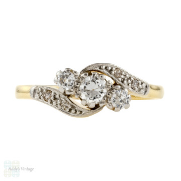 Old European Cut Diamond Engagement Ring, Vintage Art Deco Twist, 18ct & Platinum.