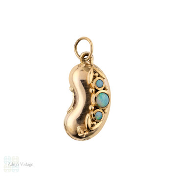 Opal 9ct Gold Lucky Bean Charm, Antique Edwardian 9k Pendant. 