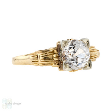 White Sapphire Ring Engagement Ring, 14k Two-Tone Gold 1940s Ring. Old European Cut.