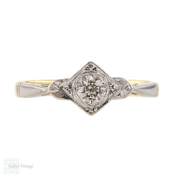 Art Deco Diamond Engagement Ring, 18ct Gold & Platinum Single Stone Engraved 1920s Ring.