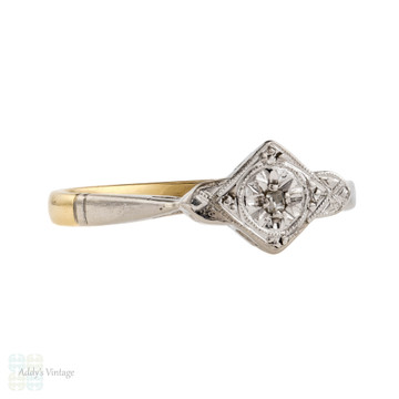 Art Deco Diamond Engagement Ring, 18ct Gold & Platinum Single Stone Engraved 1920s Ring.