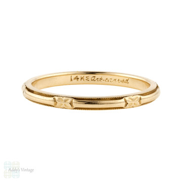 Floral Engraved Wedding Ring, Narrow Flower 14k Band by ArtCarved. Circa 1930s, Size N.5 / 7.