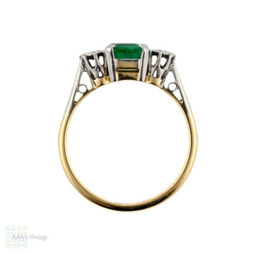 Emerald & Diamond Three Stone Engagement Ring, Vintage 1940s 18ct Gold & Platinum.