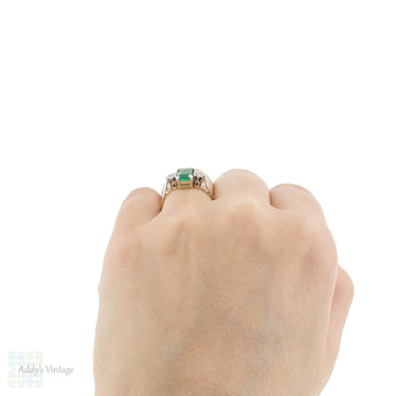 Emerald & Diamond Three Stone Engagement Ring, Vintage 1940s 18ct Gold & Platinum.