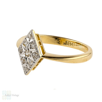 Marquise 1930s Art Deco Diamond Cluster Ring, Engraved Star & Milgrain Detail. 18ct & Platinum.