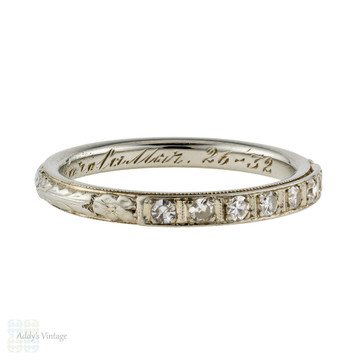 Diamond Wedding Ring, Vintage Art Deco 18K Flower Engraved Ladies Band.  Size M / 6.25.