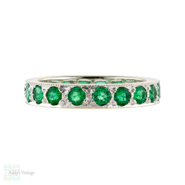 RESERVED Emerald 18ct Eternity Ring, Vintage Full Hoop 18k White Gold Wedding Band. Size L.5 / 6.