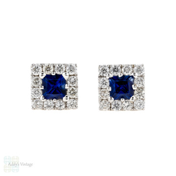 Blue Sapphire & Diamond Halo Stud Earrings, Square Gemstones 18ct 18k White Gold.