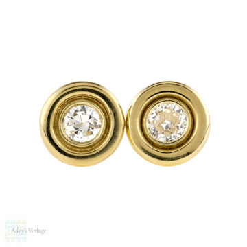 Old Cut Diamond Stud Earrings, 14k 14ct Yellow Gold Bezel Set 0.34 ctw Diamonds.