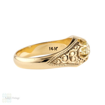 Old Mine Cut Diamond Gypsy Ring, Antique 14k 14ct Gold Engraved Single Stone Ring.