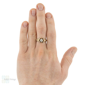 Old Mine Cut Diamond Gypsy Ring, Antique 14k 14ct Gold Engraved Single Stone Ring.