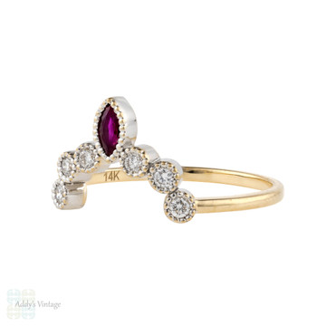 Ruby & Diamond Curved Wedding Band, 14k Gold Art Deco Style Wishbone Chevron Ring.
