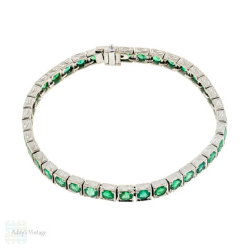 Emerald 18k Line Bracelet, Vintage 18ct White Gold 7ctw Engraved Tennis Bracelet.