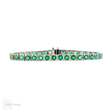 Emerald 18k Line Bracelet, Vintage 18ct White Gold 7ctw Engraved Tennis Bracelet.