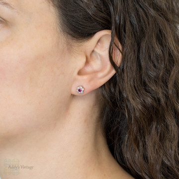 Ruby & Diamond Earrings, 18ct Gold Floral Red Ruby Cluster Studs with Diamond Halo.