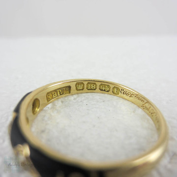 Vintage Mourning Ring, 1890s. Three Old Cut Diamonds Set in 18 Carat Yellow Gold with Black Enamel.