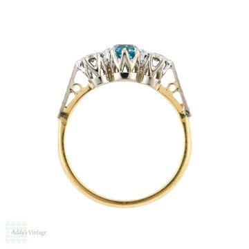 LAYAWAY Blue Zircon & Diamond Three Stone Engagement Ring, Vintage 18ct Gold 1940s Ring.