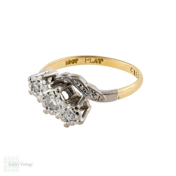 RESERVED Vintage Three Stone Engagement Ring, 18ct Platinum Engraved Winged Twist Bypass Design.