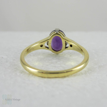 Vintage Amethyst Engagement Ring with Diamond Accents in 18 Carat Yellow Gold. Bright Purple Oval Cut Amethyst.