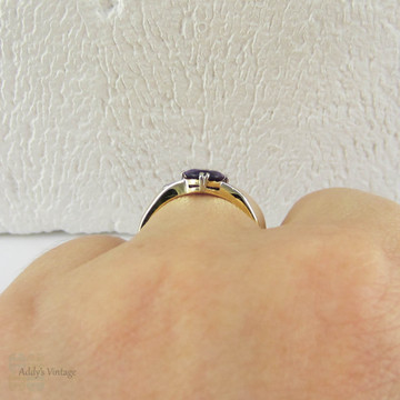 Vintage Amethyst Engagement Ring with Diamond Accents in 18 Carat Yellow Gold. Bright Purple Oval Cut Amethyst.