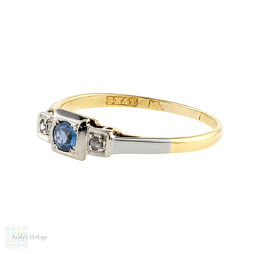 Sapphire & Diamond Vintage Three Stone Engagement Ring, 18ct Gold & Platinum Square Setting.