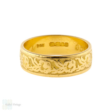 Vintage 22ct Gold Engraved Wedding Band, Wide Flower Pattern Ladies 22k Ring. Size L / 5.75.