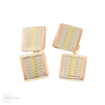 Art Deco 9ct White, Rose & Yellow Gold Cuff Links, 1920s Chester Hallmarked Engine Turned Cufflinks.