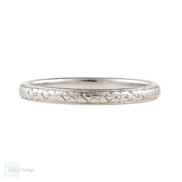 Art Deco Engraved Platinum Wedding Ring, Orange Blossom Flowers Ladies Band. Size I.5 / 4.75. 