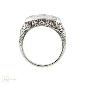 Filigree 14k Three Stone Diamond Ring, Art Deco 14ct White Gold Floral Engagement Ring.