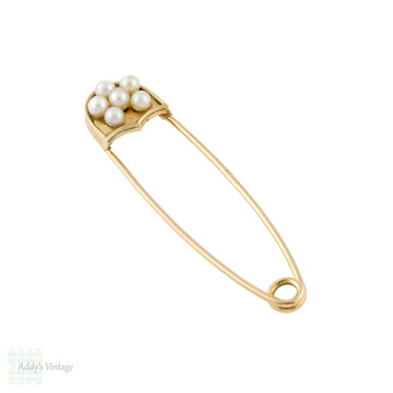 RESERVED Large 9ct Safety Pin, Vintage Faux Pearl 9k Yellow Gold Brooch.