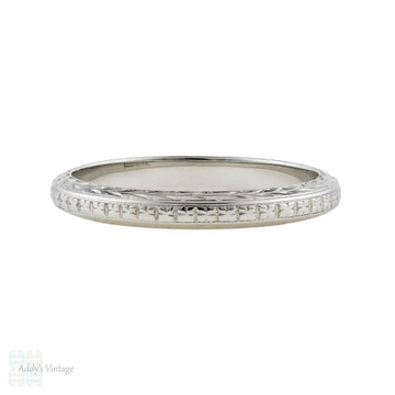 Engraved 1920s Ladies 18k White Gold Wedding Ring, Flower & Wreath Design 18ct Band. Size K / 5.25.