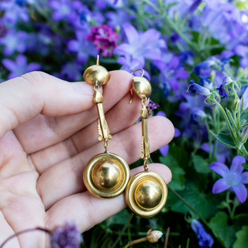 Victorian 9ct Gold Dangle Earrings, 1890s Long 9ct Antique Articulated Sphere & Arrow Drops.