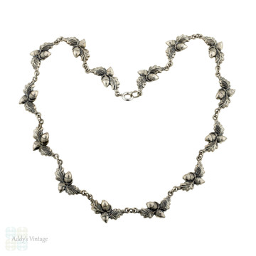 Danecraft Oak Leaf & Acorn Necklace, Vintage Mid 20th Century Sterling Silver Choker.