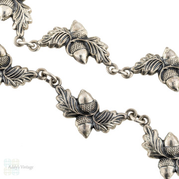 Danecraft Oak Leaf & Acorn Necklace, Vintage Mid 20th Century Sterling Silver Choker.